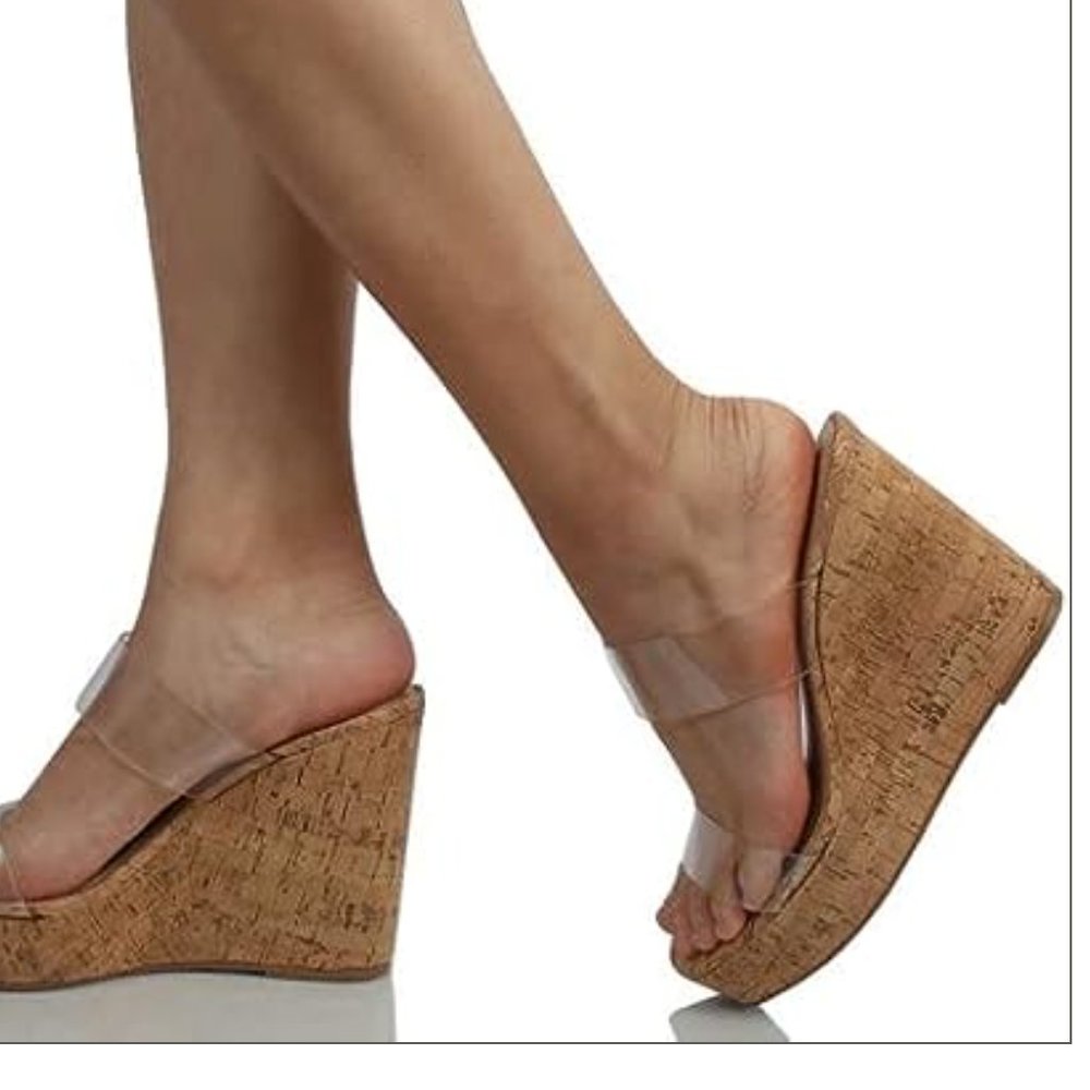 Soda Clear Transparent Clear Dual Strap Wedge Cork platform Sandal size 7